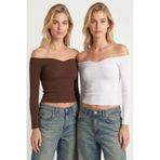 Lovelyİstanbul 2’li Paket Büzgülü Yaka Crop Örme Bluz LAH0005 BEYAZ AÇIK KAHVERENGİ