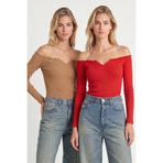 Lovelyİstanbul 2’li Paket Büzgülü Yaka Crop Örme Bluz LAH0005 KIRMIZI BİSKÜVİ