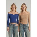 Lovelyİstanbul 2’li Paket Büzgülü Yaka Crop Örme Bluz LAH0005 KOYU MAVİ BİSKÜVİ