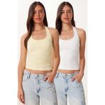 Lovelyİstanbul 2’li Paket Halter Yaka Basic Örme Bluz LDZ0078 BEYAZ SARI