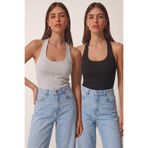 Lovelyİstanbul 2’li Paket Halter Yaka Basic Örme Bluz LDZ0078 SİYAH GRİ MELANJ