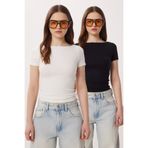 Lovelyİstanbul 2’li Paket Kayık Yaka Basic Örme Bluz LDZ0064 SİYAH KEMİK
