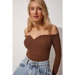 Lovelyİstanbul Büzgülü Yaka Crop Örme Bluz LAH0002 AÇIK KAHVERENGİ