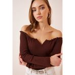 Lovelyİstanbul Büzgülü Yaka Crop Örme Bluz LAH0002 KAHVERENGİ