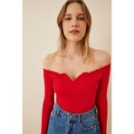 Lovelyİstanbul Büzgülü Yaka Crop Örme Bluz LAH0002 KIRMIZI
