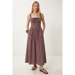 Lovelyİstanbul Çizgili Korse Görünümlü Poplin Midi Elbise LUB0374 BORDO