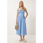 Lovelyİstanbul Çizgili Korse Görünümlü Poplin Midi Elbise LUB0374 MAVİ