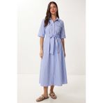 Lovelyİstanbul Çizgili Kuşaklı Poplin Gömlek Elbise LUB0362 GÖK MAVİ BEYAZ