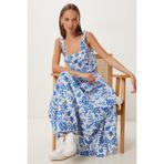 Lovelyİstanbul Desenli Crop Bluz Etek Dokuma Takım LUB0130 MAVİ EKRU