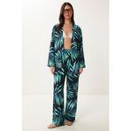 Lovelyİstanbul Desenli Yazlık Viskon Kimono Pantolon Takım LJE0003 LACİVERT YEŞİL