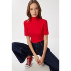 Lovelyİstanbul Dik Yaka Crop Fitilli Örme Bluz LUB0295 KIRMIZI