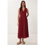 Lovelyİstanbul Kolsuz Midi Keten Gömlek Elbise LGX0014 BORDO