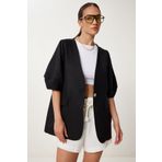 Lovelyİstanbul Tek Düğmeli Oversize Yazlık Keten Ceket SİYAH LWF0032