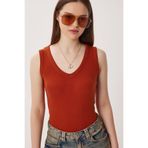 Lovelyİstanbul V Yaka Basic Fitilli Örme Bluz LRN0029 KİREMİT