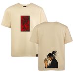 Loviras Unisex Pamuklu tişört MIYAMOTO MUSASHI anime full arka ve önü nakışlı bisiklet yaka tişört oversize giyim rahat tişört | Göz alıcı renk tonları kırık beyaz, bej ve siyah tshirt (Bej, S)