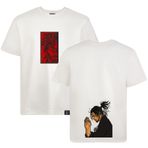 Loviras Unisex Pamuklu tişört MIYAMOTO MUSASHI anime full arka ve önü nakışlı bisiklet yaka tişört oversize giyim rahat tişört | Göz alıcı renk tonları kırık beyaz, bej ve siyah tshirt (Kırık beyaz, M)