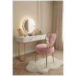 lowena home Modern Pembe Peluş Kumaşlı Melek Tasarım Makyaj Sandalyesi Yuvarlak Form Minderli Metal Ayaklı