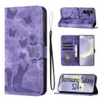 LSPCASA Telefon Kılıfı Samsung Galaxy S24 Plus Premium PU Deri Malzeme Samsung Galaxy S24 Plus Kılıf Kart Yuvalı Kedi Kelebek Desenli Samsung S24 Plus Kapak Mor