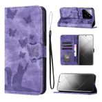 LSPCASA Telefon Kılıfı Xiaomi 14 Pro Premium PU Deri Malzeme Xiaomi 14 Pro Telefon Kılıfı Kart Yuvaları Ile Kedi Kelebek Desenli Kapak Xiaomi A14 Pro Kılıf Mor