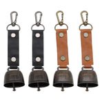 LT Easiyl 4 adet metal ve deri anahtarlık, retro tarzda, mini inek çanı, dekorasyon, çan kolye uçlu, 14 x 3,5 cm, açık hava yürüyüş sırt çantaları, hayvanlar için, siyah ve kahverengi
