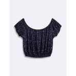 LTB Kadın Çiçekli Crop Kısa Kollu Lacivert Bluz - XS