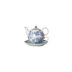 Lucky Art Florance Bone China Porselen Mavi Beyaz Barok Desenli Tek Kişilik Demlik&Fincan Seti