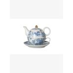 Lucky Art Florance Bone China Porselen Mavi Beyaz Naturel Barok Desenli Tek Kişilik Demlik & Fincan Seti