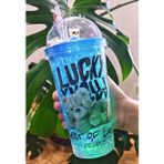 Lucky Ayıcık Suluk Pipetli Buzlu Cam Görünümlü LED Işıklı 450 ml Çift Katman Mika 2768 Mavi