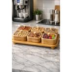 LUCKY CLOVER Modern Tasarım Bambu Standlı 6 Adet Çerezlik ve Kahvaltılık Tepsili Sunumluk