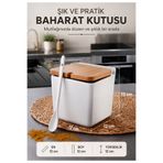 LUCKY CLOVER Porselen Baharat Kutusu Bambu Kapaklı Kaşıklı Modern Mutfak Saklama Kabı 12x12 cm