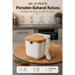 LUCKY CLOVER Porselen Baharat Kutusu Bambu Kapaklı Kaşıklı Modern Mutfak Saklama Kabı 9x9 cm