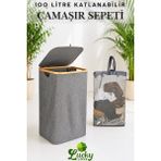 Lucky Love Bambu Kenarlı Lüks Kumaş Katlanabilir 100 Lt Çamaşır Sepeti 44X33X70 - Antrasit