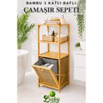 Lucky Love Bambu Lüks Çamaşır Sepetli 3 Raflı Doğal Ahşap Bambu Banyo Rafı Banyo Düzenleyici Kirli Sepeti