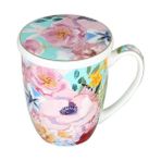 LuckyArt Peony Desenli Bone China Porselen Kapaklı ve Süzegçli Kupa 570 ml - Pembe - Renkli