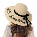 LUCSIS Kadın Hasır Güneş Plaj Şapkası Disket Geniş Kenarlı Katlanabilir Paketlenebilir Seyahat Tropikal Tatil Yaz UV Şapka, Bej/Hello Sunshine, M-XL