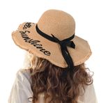LUCSIS Kadın Hasır Güneş Plaj Şapkası Disket Geniş Kenarlı Katlanabilir Paketlenebilir Seyahat Tropikal Tatil Yaz UV Şapka, Haki/Hello Sunshine, M-XL