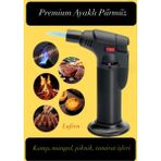 Lufern Premium Pürmüz Çakmak Ayaklı Doldurulabilir Depolu Vantuzlu 1300 Derece Torch Kamp Mangal Piknik - Siyah