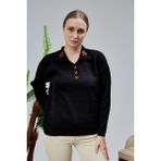 Lugmo Kadın Polo Yaka Oversize Çiçek Nakışlı Triko Kazak Siyah - Çok Renkli - Standart