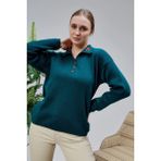 Lugmo Kadın Polo Yaka Oversize Çizgili 4 Düğmeli Triko Kazak Yeşil - Çok Renkli - Standart
