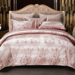 Lüks 4 Parça Saten Nevresim Takımı King Size Nevresim 220x240 cm Yumuşak ve Yastık Kılıfı ve Düz Çarşaf Dahil Zarif Pembe Renk.