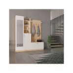 Lüks Aynalı Portmanto Askılı Vestiyer %100 Mdf Çok Raflı Ayakkabılık V03 Beyaz - Safir Meşe