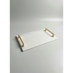 Lüks Beyaz Mermer Sunum Tepsisi Gold Metal Kulplu - Dekoratif Servis Tabağı 30X20 cm