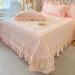 Lüks çiçek kapitone dantel fırfırlı yatak örtüsü seti, 2 yastık kılıflı, hafif yatak örtüsü, 245 x 250 cm, güzel açık pembe renk