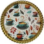 Lüks Dekoratif Plastik Tepsi Altın Çerçeve 46X46 Çay Kahve Fincan Desenli