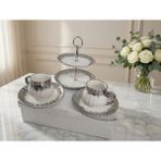 lüks gümüş dalga porselen 2'li çay fincan takımı + elite çift katlı servis standı - Beyaz - Gümüş - 18 - 499 ml