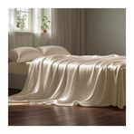 Lüks İpek Saten Nevresim Takımı, Çift Kişilik/Tek Kişilik Yatak için, Yumuşak ve Canlandırıcı, Açık Altın, 1 Düz Çarşaf (170 x 230 cm) ve 2 Yastık Kılıfı (48x74 cm)