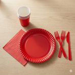 Lüks Kırmızı Kullan At Set Karton Tabak-Karton Bardak-Kağıt Peçete-Plastik Çatal-Bıçak Seti 80 parça