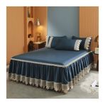 Lüks Mavi Pamuk Dantel Fırfırlı Yatak Eteği 47 cm Özel Kesim Yumuşak Uzun elyaf Pamuk Tam Kraliçe King Boy 60 İnç Platform 2 Yastık Kılıfı İçerir (200x220 cm+48x74cm x2)