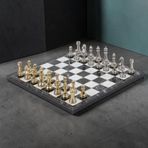 Lüks Metal Satranç Takımı Krom Kaplama Klasik Gold Temalı Figür – Siyah Mermer Desenli Tahta 20 cm.