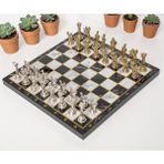 Lüks Metal Satranç Takımı Krom Kaplama Pegasus Atları & Klasik Mermer Desenli Siyah Tahta 20 cm.